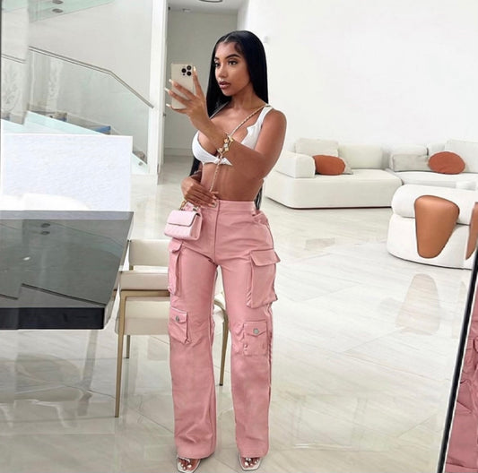 PINK LEATHER CARGO PANTS(PRE-ORDER)